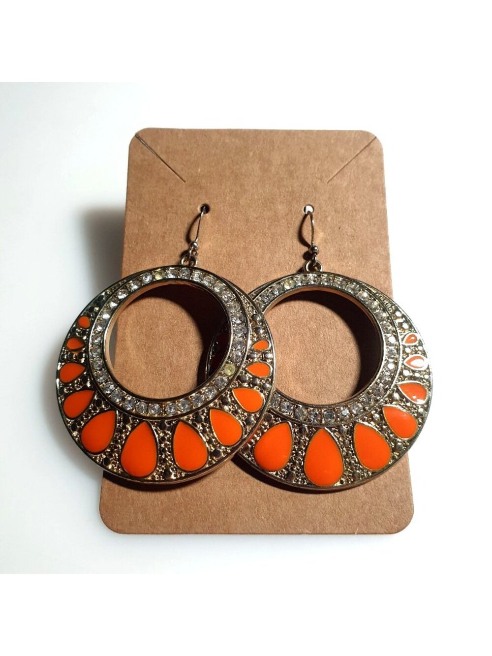 Round Drop Earrings Crystal Gold Tone Orange Embellished Statement Jewelry Boho